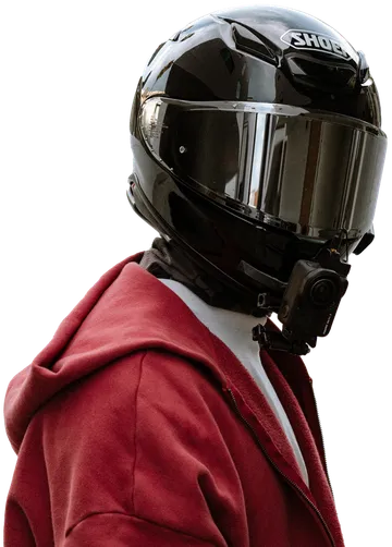 Braeden in a black helmet and red hoodie, camera mounted on the chin bar